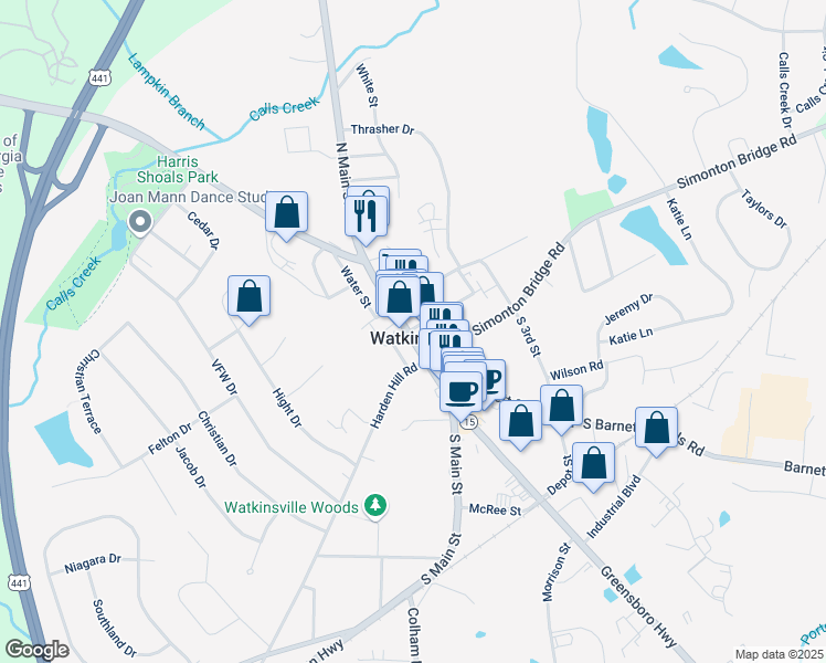map of restaurants, bars, coffee shops, grocery stores, and more near 10 North Main Street in Watkinsville