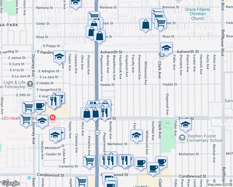 map of restaurants, bars, coffee shops, grocery stores, and more near 5944 Blackthorne Avenue in Lakewood