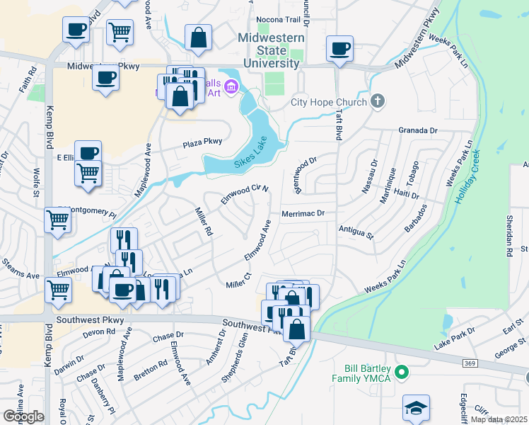 map of restaurants, bars, coffee shops, grocery stores, and more near 2606 Elmwood Avenue in Wichita Falls
