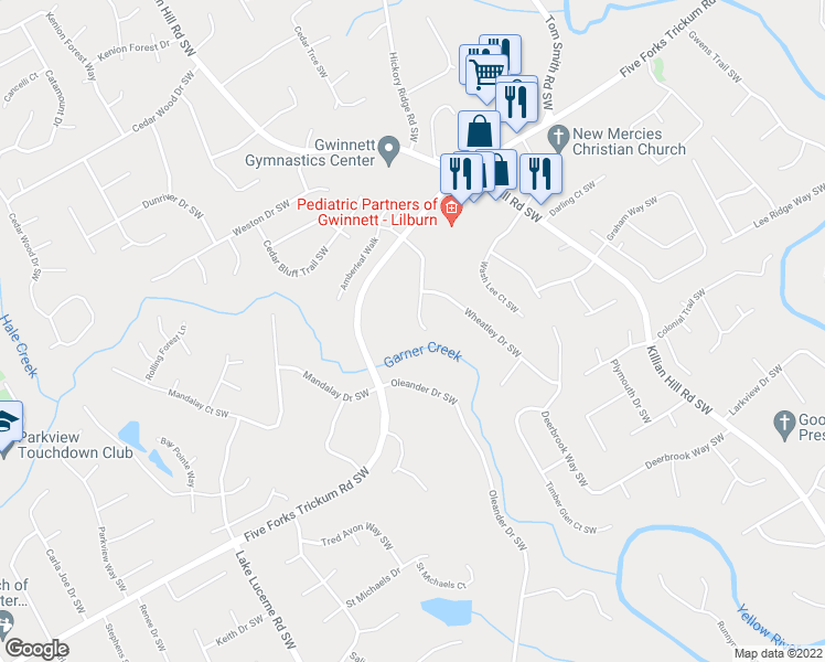 map of restaurants, bars, coffee shops, grocery stores, and more near 1103 Hasty Court Southwest in Lilburn