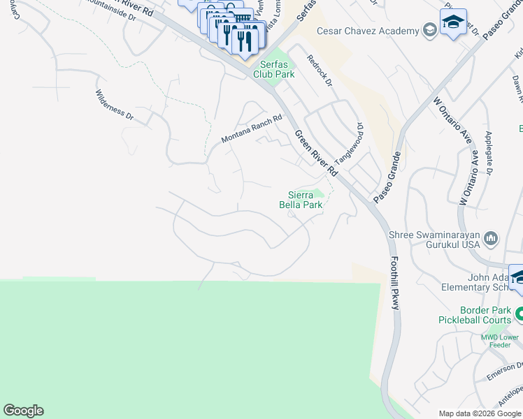 map of restaurants, bars, coffee shops, grocery stores, and more near 2603 Chad Zeller Lane in Corona