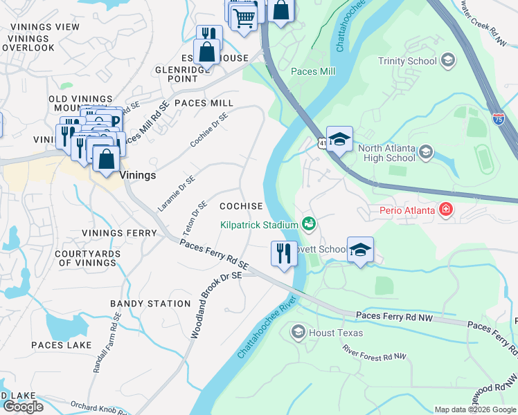 map of restaurants, bars, coffee shops, grocery stores, and more near 3710 Cochise Drive Southeast in Atlanta