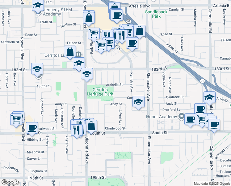 map of restaurants, bars, coffee shops, grocery stores, and more near 12804 Heritage Place in Cerritos