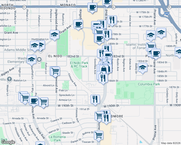 map of restaurants, bars, coffee shops, grocery stores, and more near 18517 Grevillea Avenue in Redondo Beach