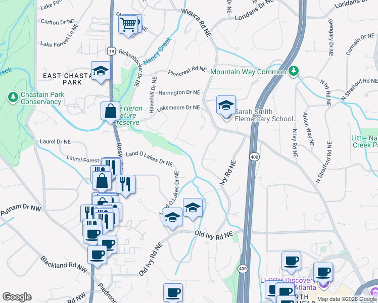 map of restaurants, bars, coffee shops, grocery stores, and more near 3953 Land O Lakes Drive Northeast in Atlanta