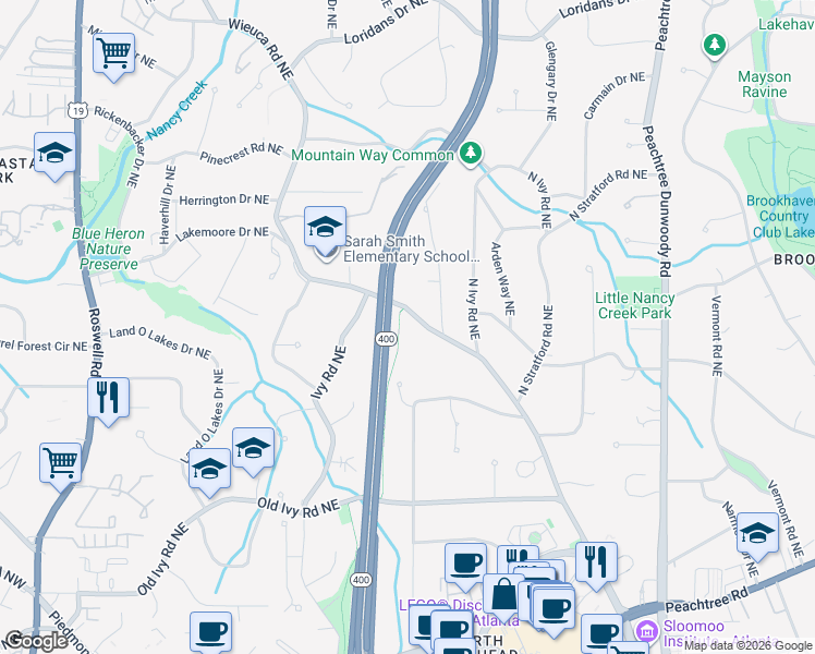 map of restaurants, bars, coffee shops, grocery stores, and more near 4024 Wieuca Road Northeast in Atlanta