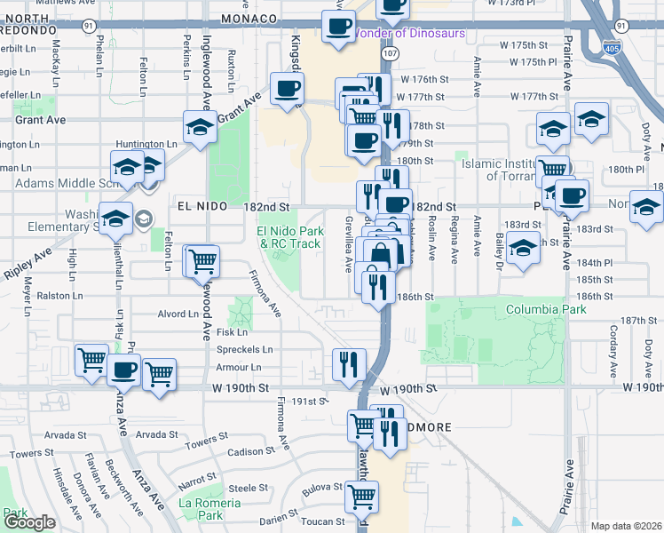 map of restaurants, bars, coffee shops, grocery stores, and more near 18426 Mansel Avenue in Redondo Beach