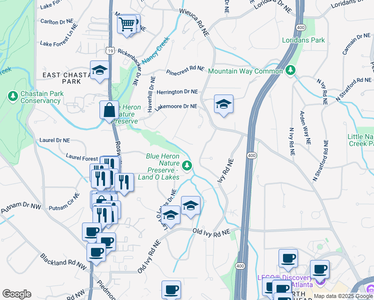 map of restaurants, bars, coffee shops, grocery stores, and more near 493 Emily Reed Lane in Atlanta
