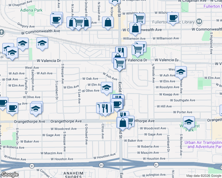 map of restaurants, bars, coffee shops, grocery stores, and more near 1100 West Olive Avenue in Fullerton