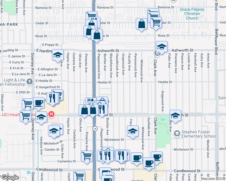 map of restaurants, bars, coffee shops, grocery stores, and more near 5944 Blackthorne Avenue in Lakewood