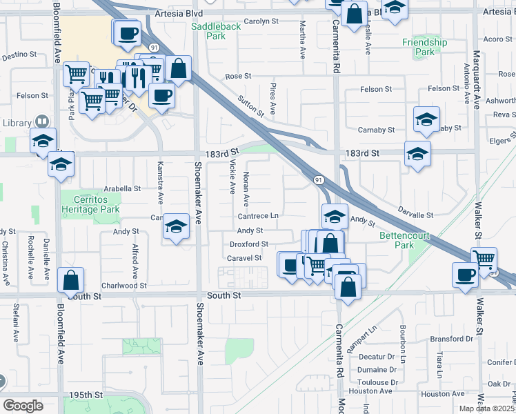 map of restaurants, bars, coffee shops, grocery stores, and more near 13140 Cantrece Lane in Cerritos