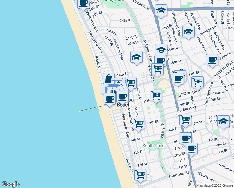 map of restaurants, bars, coffee shops, grocery stores, and more near 42 13th Street in Hermosa Beach