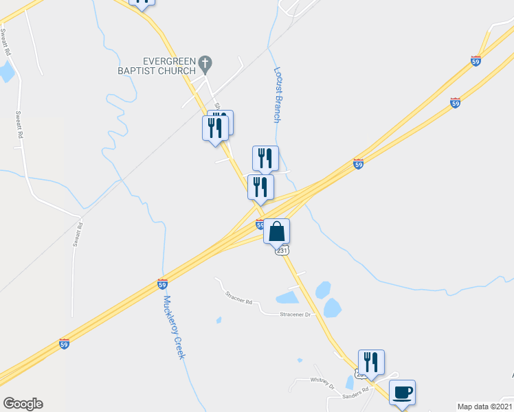 map of restaurants, bars, coffee shops, grocery stores, and more near 36594 U.S. 231 in Ashville