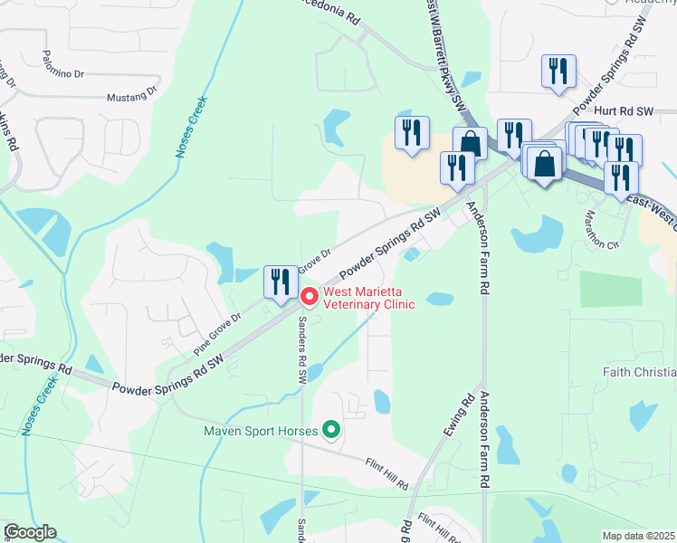 map of restaurants, bars, coffee shops, grocery stores, and more near 2938 Powder Springs Road Southwest in Marietta