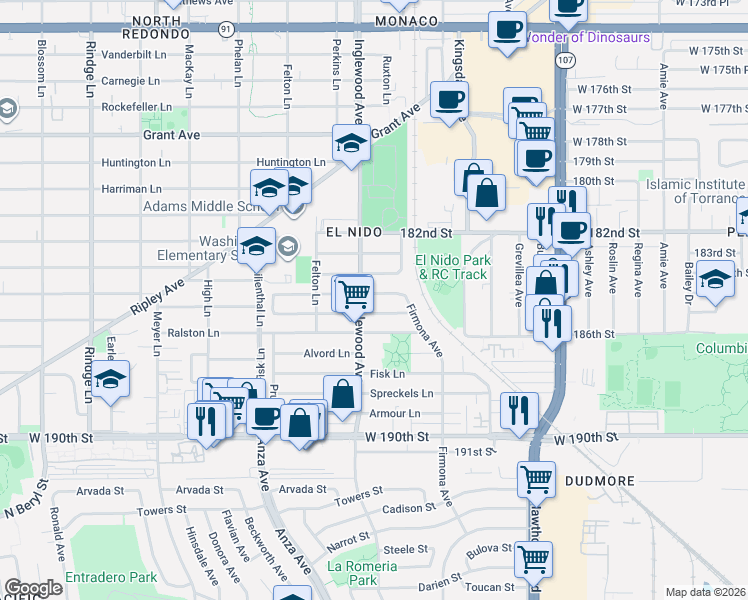 map of restaurants, bars, coffee shops, grocery stores, and more near 2704 184th Street in Redondo Beach