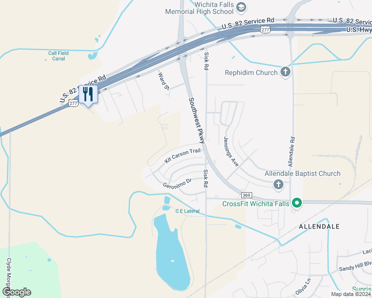 map of restaurants, bars, coffee shops, grocery stores, and more near 6708 Kit Carson Trail in Wichita Falls