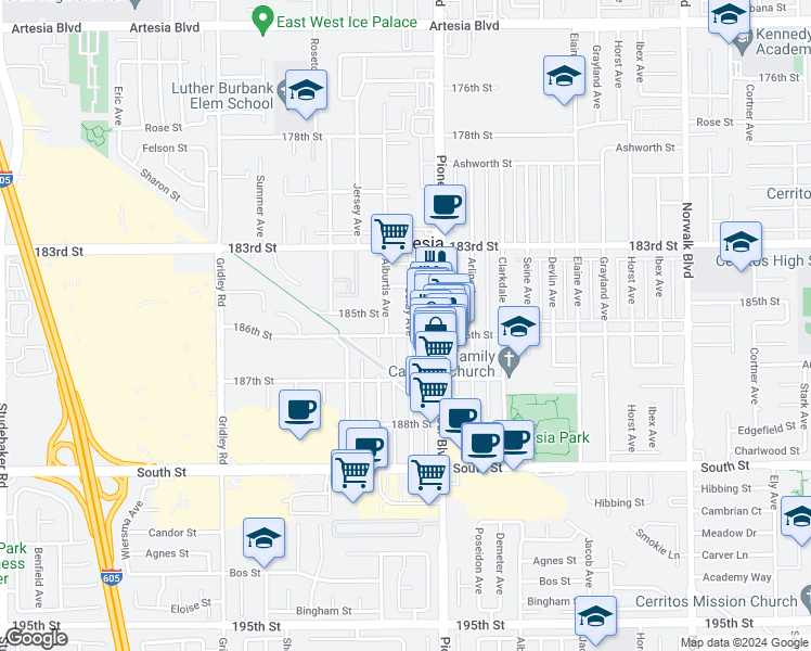 map of restaurants, bars, coffee shops, grocery stores, and more near 18519 Corby Avenue in Artesia