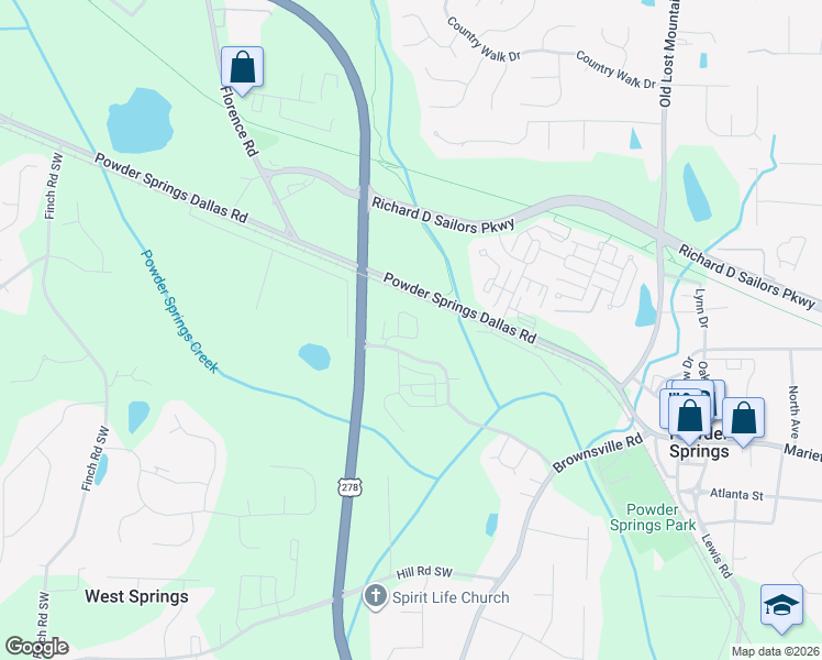 map of restaurants, bars, coffee shops, grocery stores, and more near 4678 Sweetwater Avenue in Powder Springs