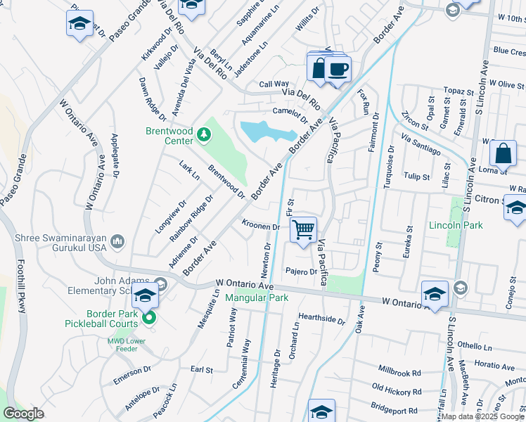 map of restaurants, bars, coffee shops, grocery stores, and more near 1828 Peeler Street in Corona