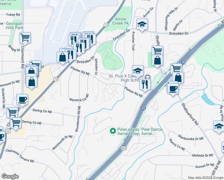 map of restaurants, bars, coffee shops, grocery stores, and more near 2283 Plaster Road Northeast in Atlanta
