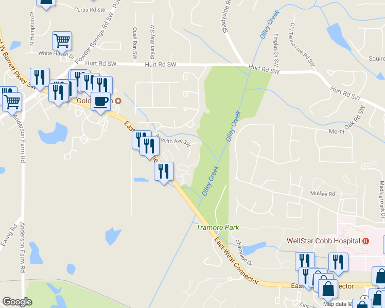 map of restaurants, bars, coffee shops, grocery stores, and more near 2180 Asquith Avenue Southwest in Marietta