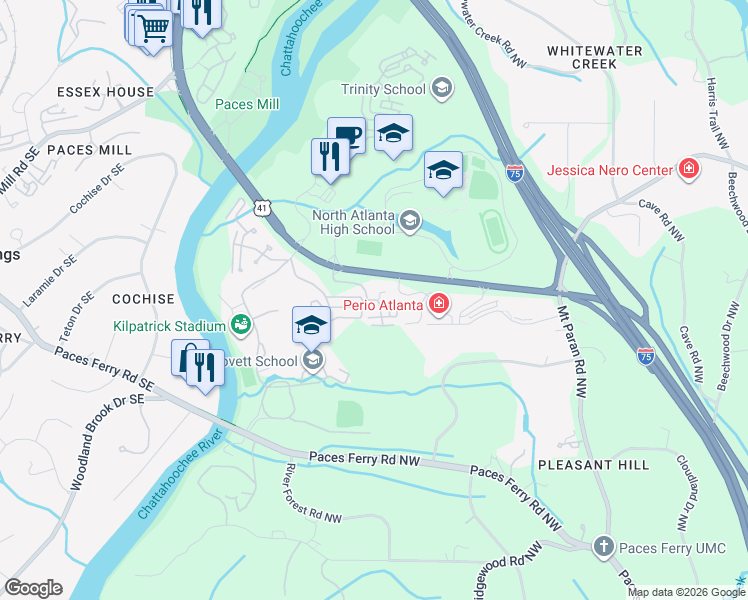 map of restaurants, bars, coffee shops, grocery stores, and more near 1309 River Green Drive Northwest in Atlanta