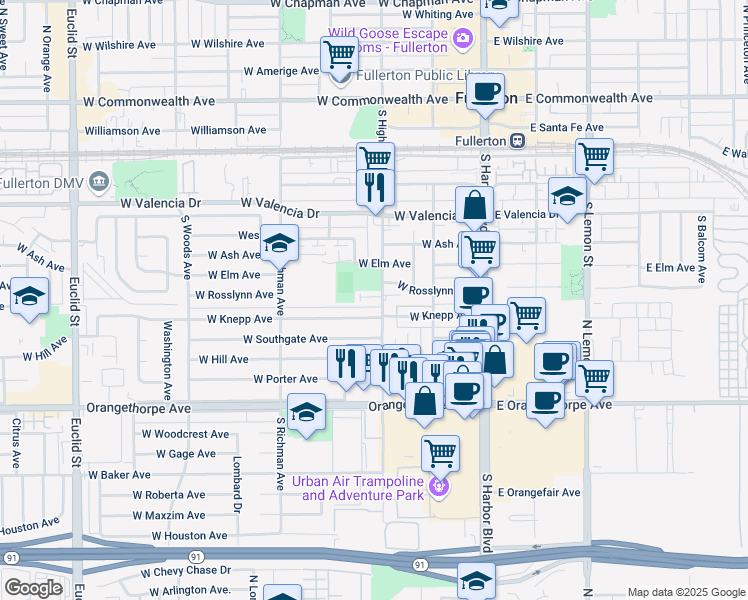 map of restaurants, bars, coffee shops, grocery stores, and more near 330 Via Amor Place in Fullerton