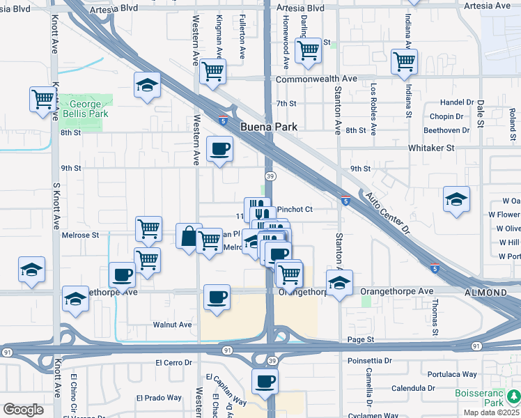 map of restaurants, bars, coffee shops, grocery stores, and more near 6681 Beach Boulevard in Buena Park