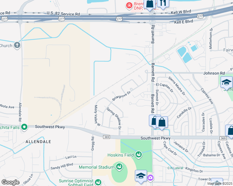 map of restaurants, bars, coffee shops, grocery stores, and more near 5707 Briargrove Drive in Wichita Falls