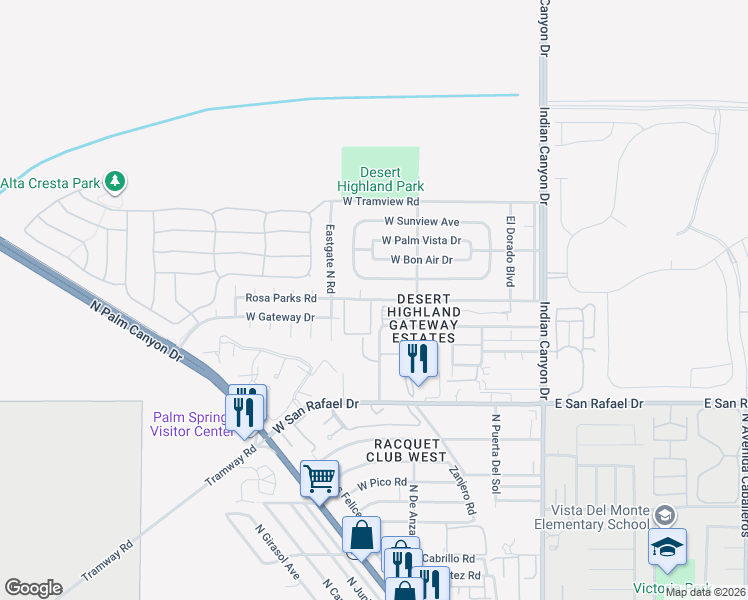 map of restaurants, bars, coffee shops, grocery stores, and more near b24 McCarthy Road in Palm Springs