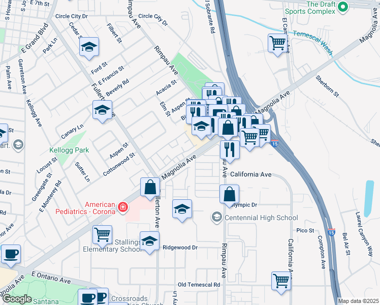 map of restaurants, bars, coffee shops, grocery stores, and more near 1550 Rimpau Avenue in Corona