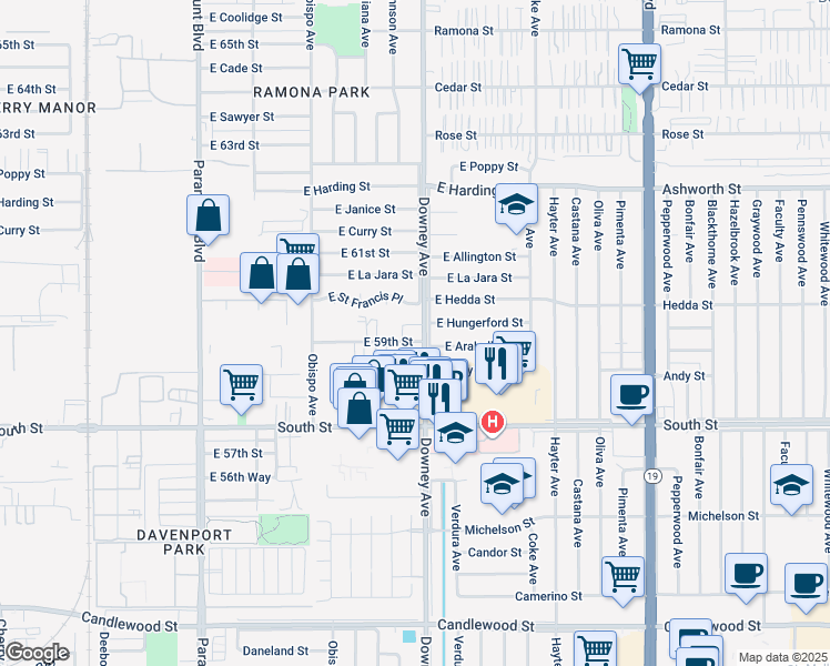map of restaurants, bars, coffee shops, grocery stores, and more near 5885 Downey Avenue in Long Beach