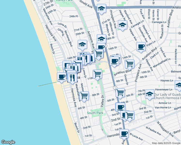 map of restaurants, bars, coffee shops, grocery stores, and more near 1103 Cypress Avenue in Hermosa Beach