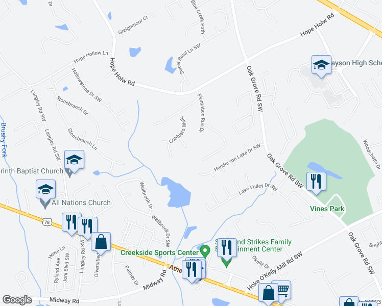 map of restaurants, bars, coffee shops, grocery stores, and more near 3046 Cobblers Court in Loganville