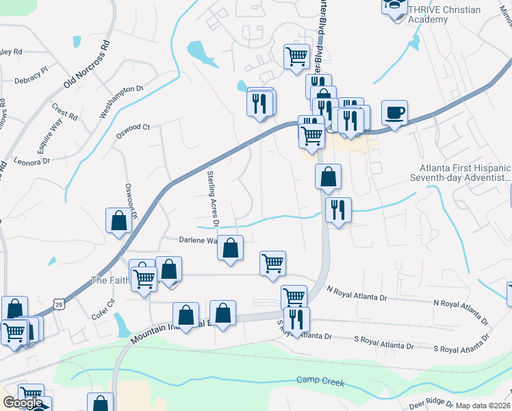 map of restaurants, bars, coffee shops, grocery stores, and more near 4793 Summit Hills Way in Tucker