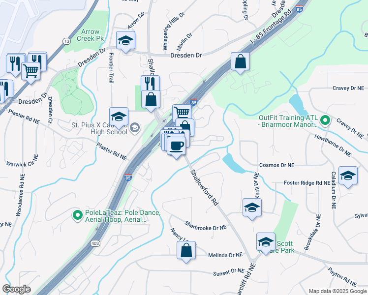 map of restaurants, bars, coffee shops, grocery stores, and more near 2666 Shallowford Road in Atlanta