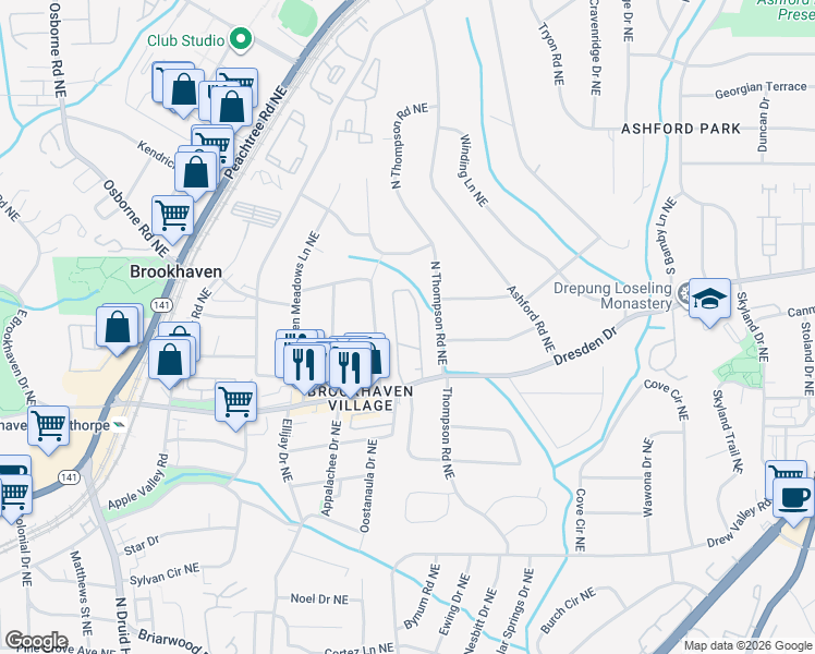 map of restaurants, bars, coffee shops, grocery stores, and more near 2603 Camille Drive Northeast in Atlanta