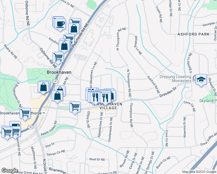 map of restaurants, bars, coffee shops, grocery stores, and more near 1440 Wilford Drive Northeast in Atlanta