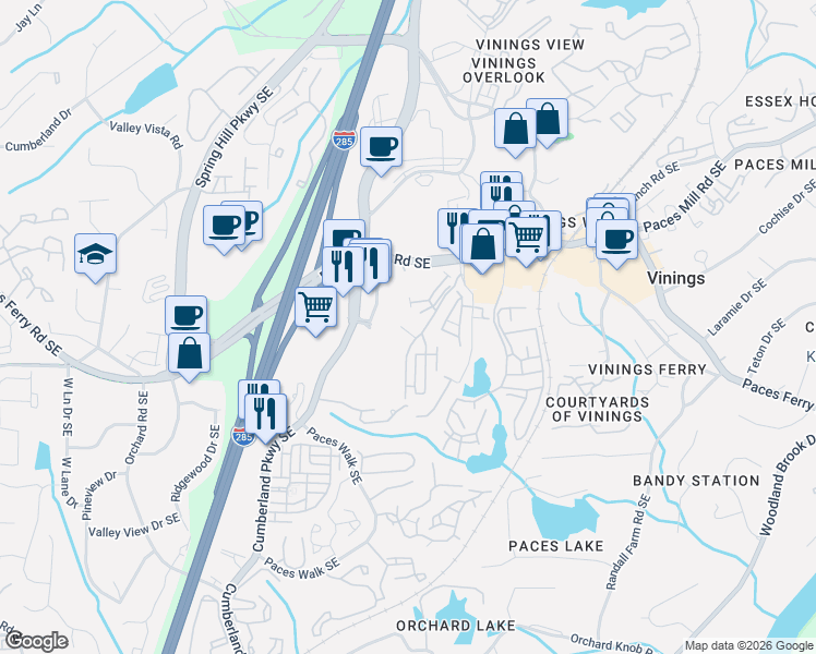 map of restaurants, bars, coffee shops, grocery stores, and more near 3844 Paces Lookout Circle Southeast in Atlanta