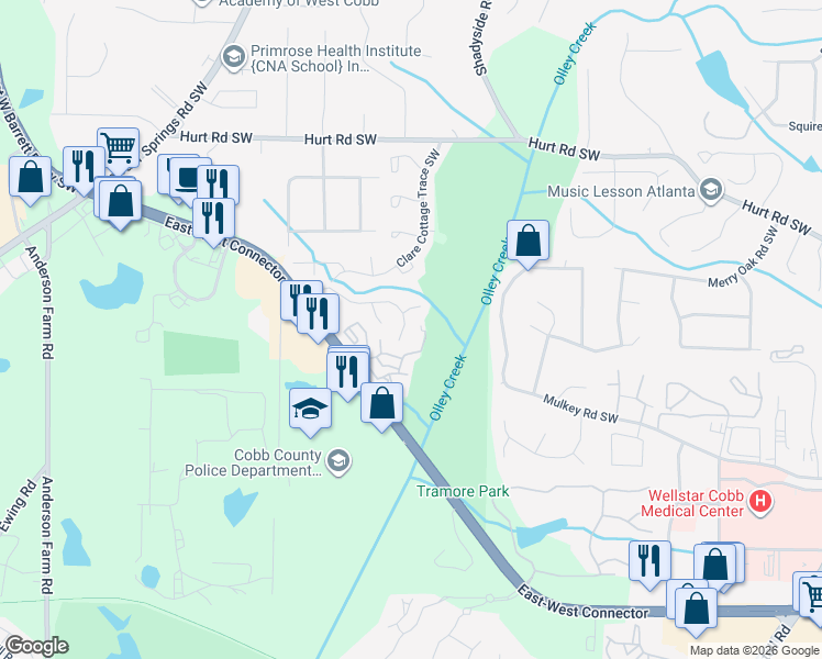 map of restaurants, bars, coffee shops, grocery stores, and more near 2180 Asquith Avenue Southwest in Marietta