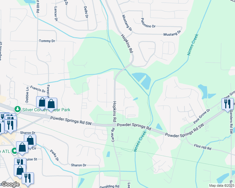 map of restaurants, bars, coffee shops, grocery stores, and more near 3721 Hopkins Road in Powder Springs