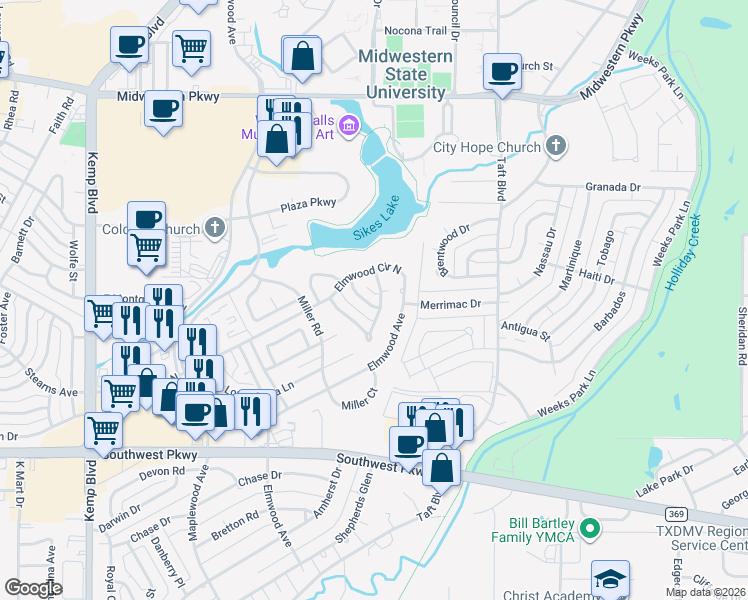 map of restaurants, bars, coffee shops, grocery stores, and more near 2618 San Simeon Drive in Wichita Falls
