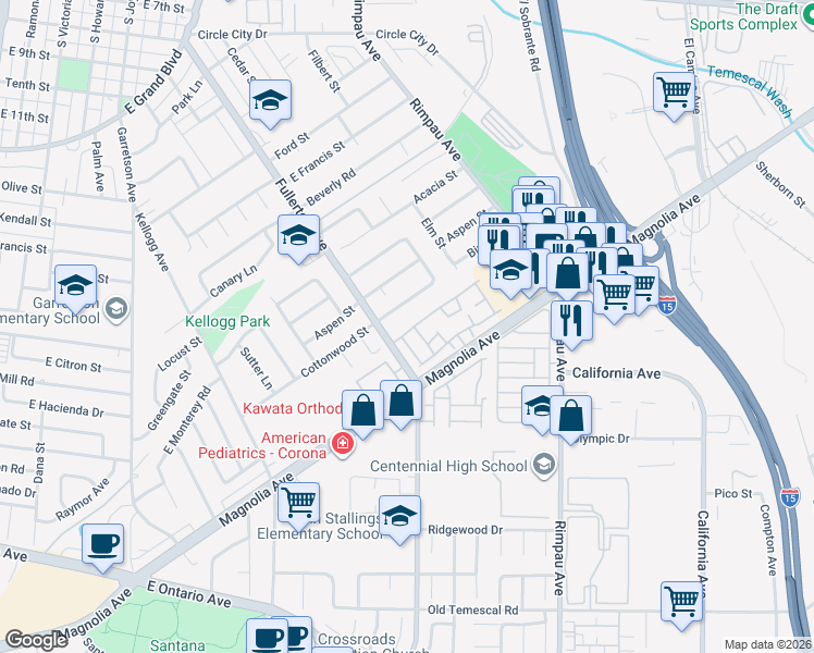 map of restaurants, bars, coffee shops, grocery stores, and more near 1109 Stone Pine Lane in Corona