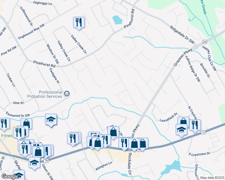 map of restaurants, bars, coffee shops, grocery stores, and more near 1873 Easter Cody Court Southwest in Grayson