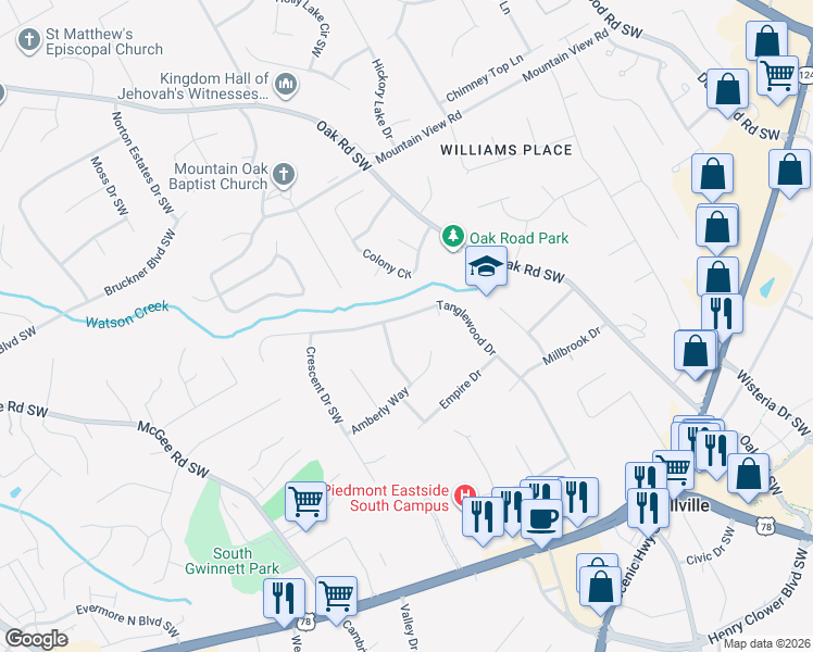 map of restaurants, bars, coffee shops, grocery stores, and more near 1985 Tanglewood Drive in Snellville