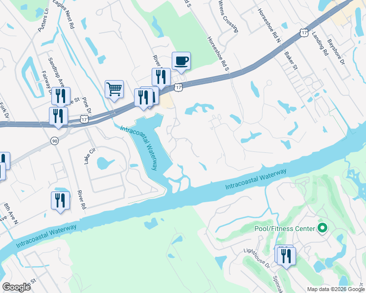 map of restaurants, bars, coffee shops, grocery stores, and more near 4440 Nassau Court in Little River
