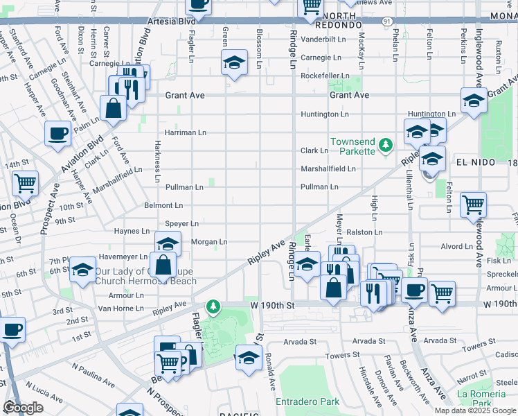map of restaurants, bars, coffee shops, grocery stores, and more near 905 Blossom Lane in Redondo Beach