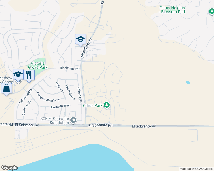 map of restaurants, bars, coffee shops, grocery stores, and more near 17744 McDowell Valley Drive in Riverside