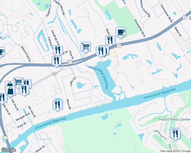 map of restaurants, bars, coffee shops, grocery stores, and more near 4621 Lightkeepers Way in Little River