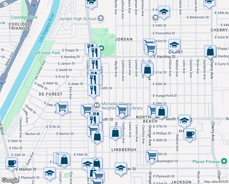 map of restaurants, bars, coffee shops, grocery stores, and more near 5975 Myrtle Avenue in Long Beach